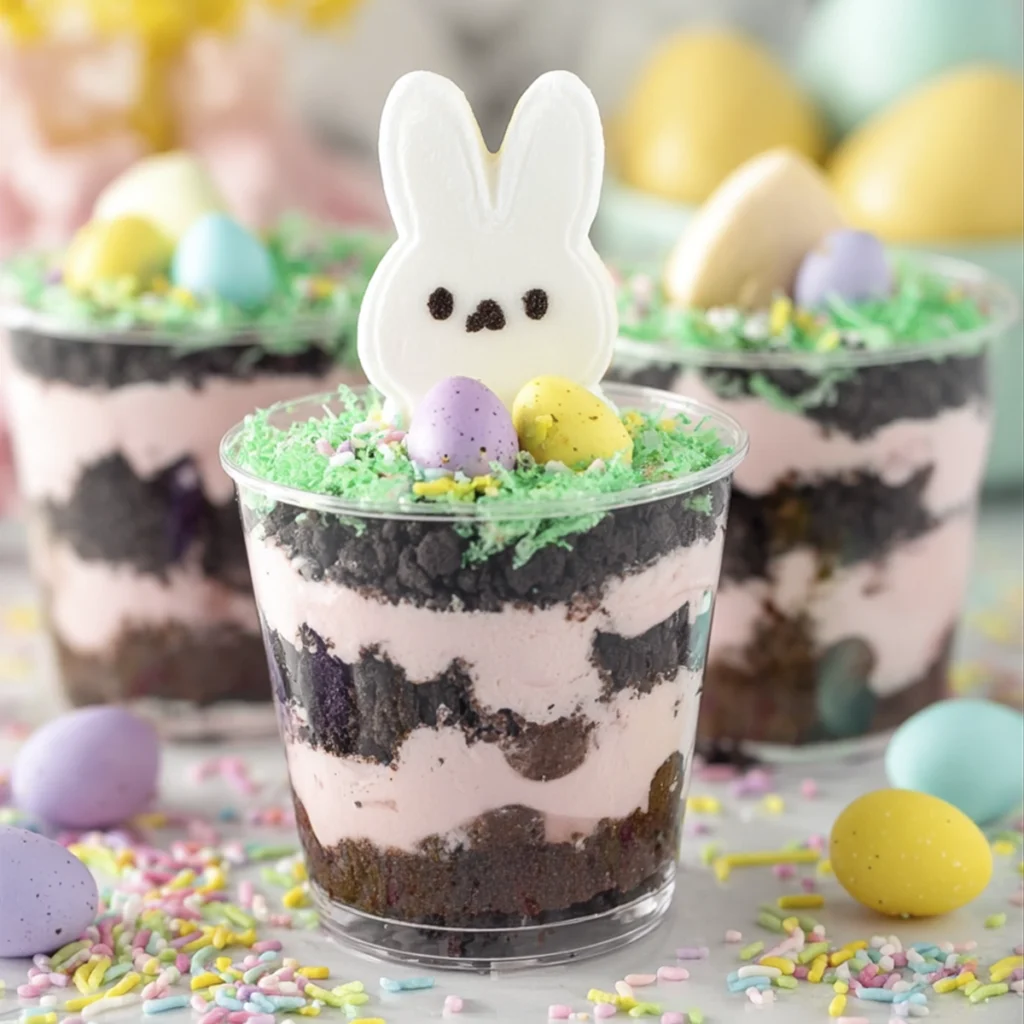 Pink marshmallow bunny peep Easter dirt cup dessert with cookie crumbs, pastel candy eggs, sprinkles, and coconut grass in a clear cup.
