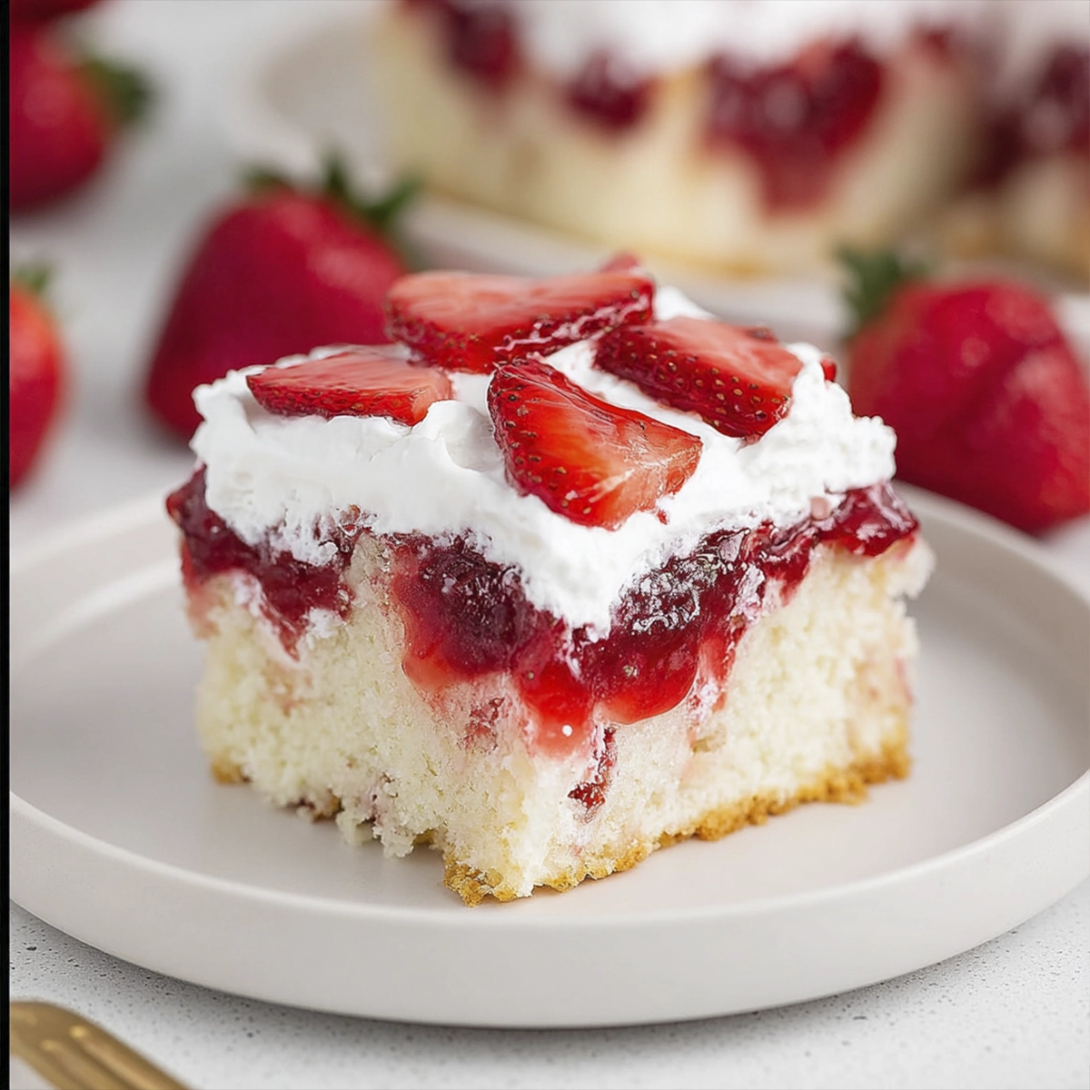 Strawberry layer cake with pink strawberry buttercream frosting and a slice removed showing moist strawberry cake layers.