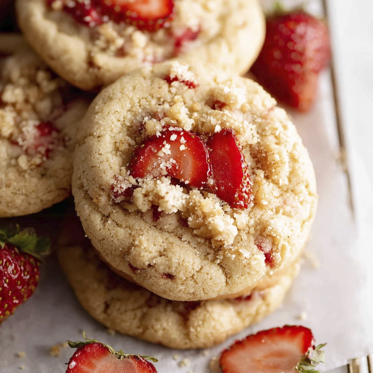Homemade strawberry crumble cookies with fresh strawberry pieces and crumb topping on parchment paper.