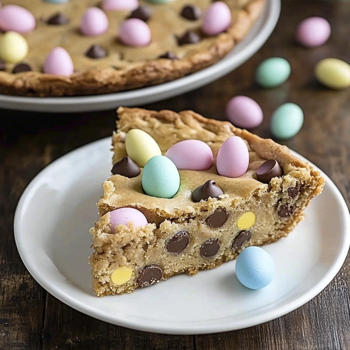 Slice of Easter chocolate chip cookie cake topped with pastel candy eggs on a white plate over a rustic wooden table.