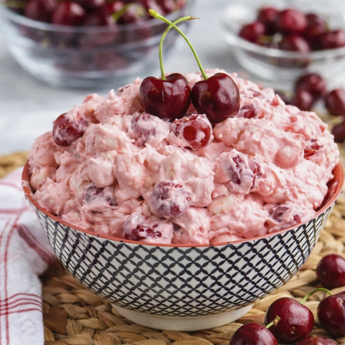 Bowl of creamy pink cherry fluff salad topped with fresh cherries and surrounded by whole cherries on a rustic table setting.