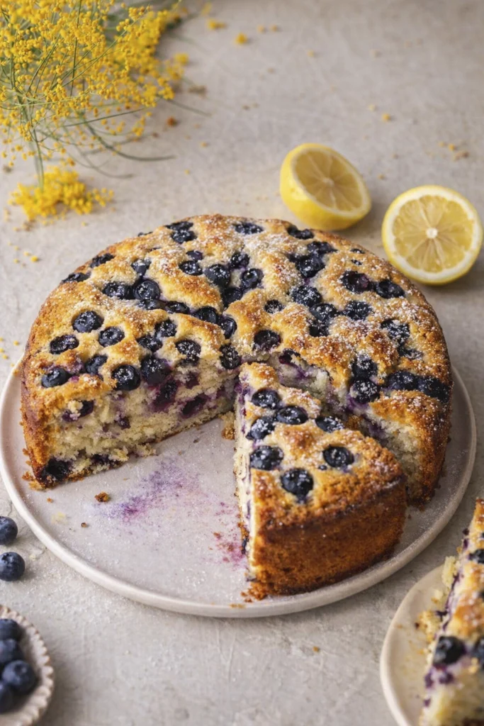 Homemade blueberry lemon cake with fresh blueberries and powdered sugar with a slice removed on a ceramic plate.