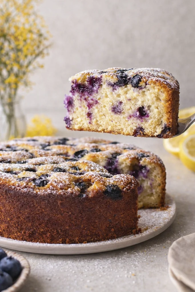 Slice of blueberry lemon cake lifted on a fork showing fluffy crumb and fresh blueberries inside a golden homemade cake.