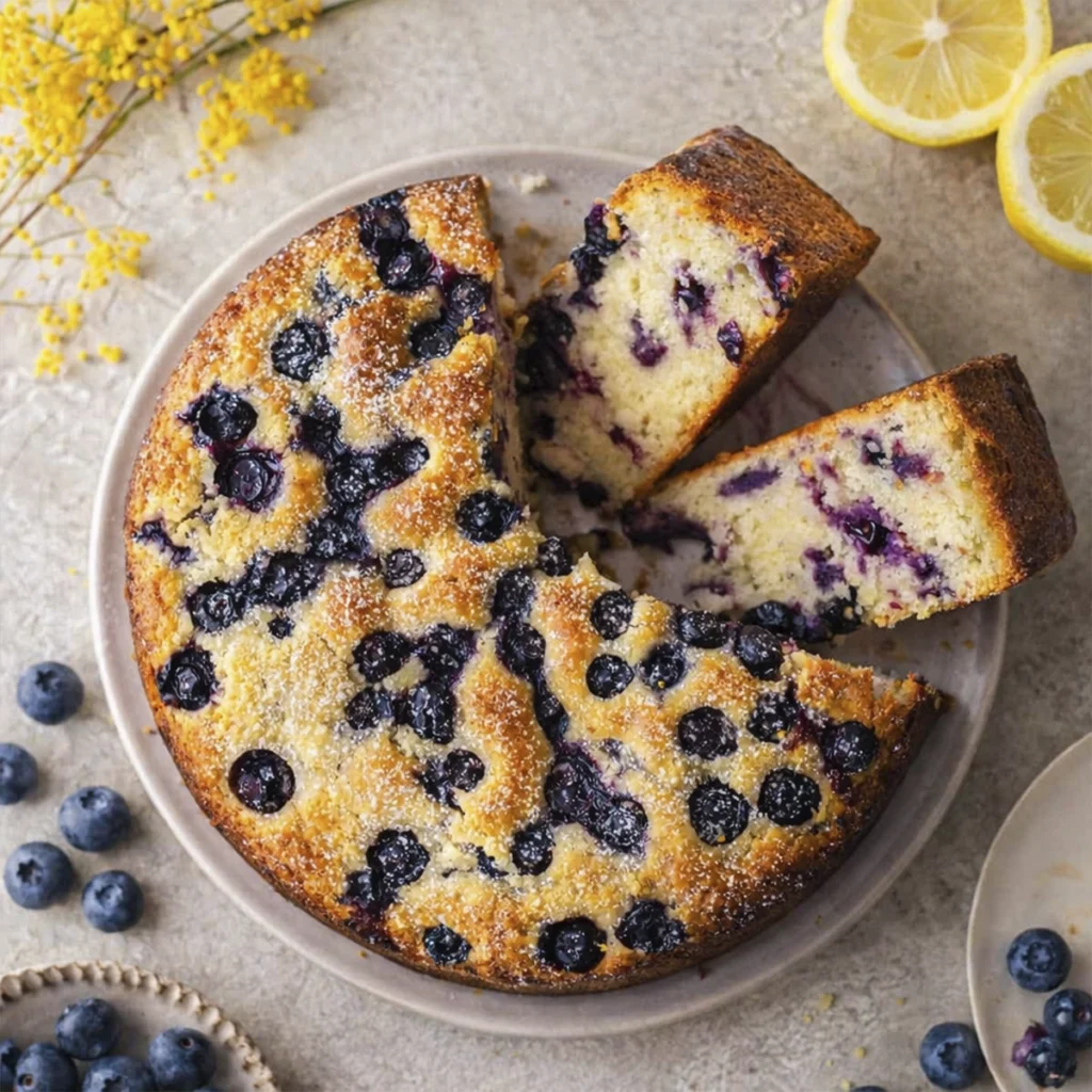 Homemade blueberry lemon cake dusted with powdered sugar and topped with fresh blueberries, sliced on a plate.