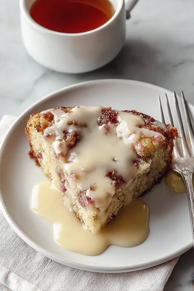Slice of homemade rhubarb pudding cake with warm vanilla cream sauce served on a white plate.