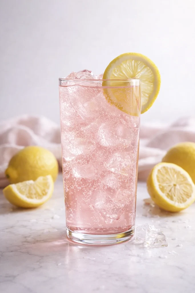 Pastel pink sparkling lemonade in a clear glass with crushed ice and a lemon slice garnish, surrounded by fresh lemons.