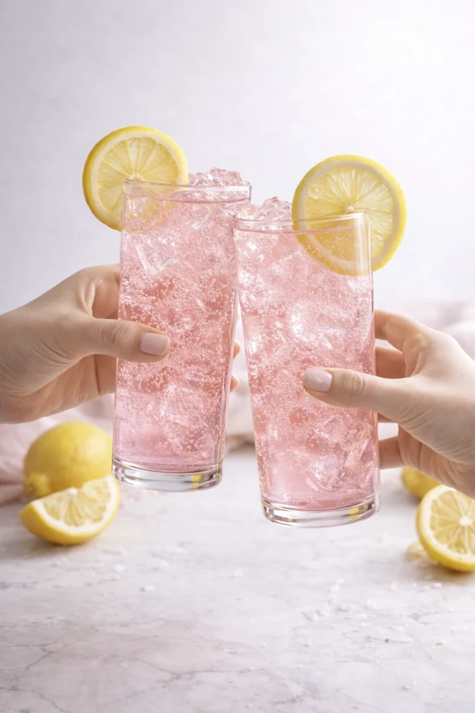 Two glasses of pink sparkling lemonade with lemon slices and ice, held by hands over a light table with fresh lemons.