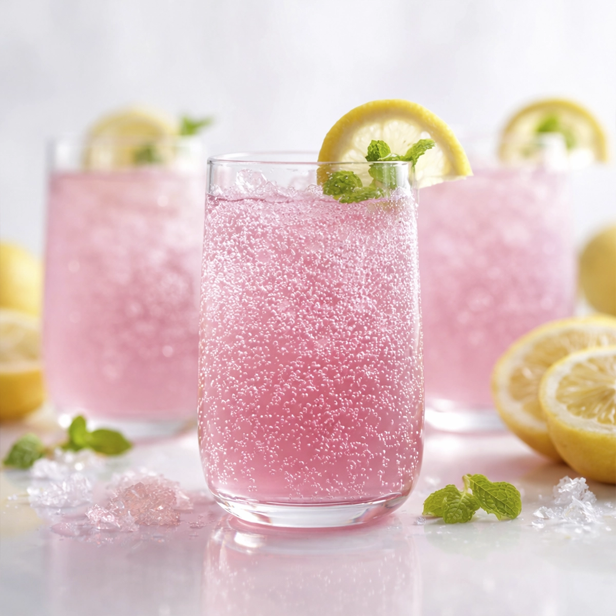 Sparkling pink lemonade in clear glasses with lemon slices and mint garnish, styled with fresh lemons on a bright white background.