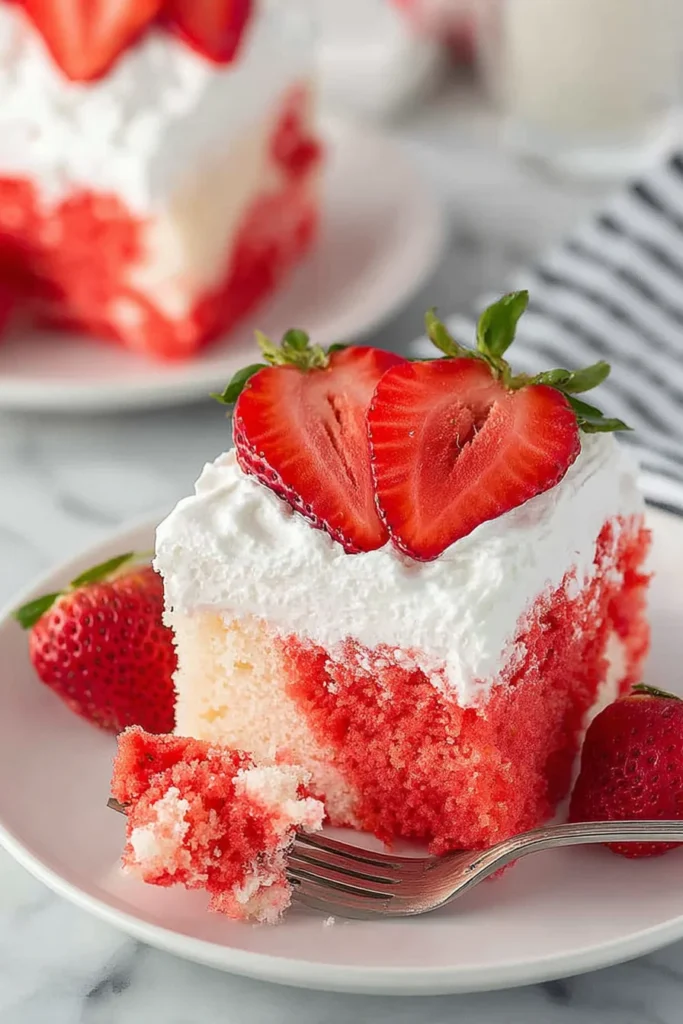 Strawberry poke cake slice topped with whipped cream and fresh strawberries with a fork taking a bite on a white plate.