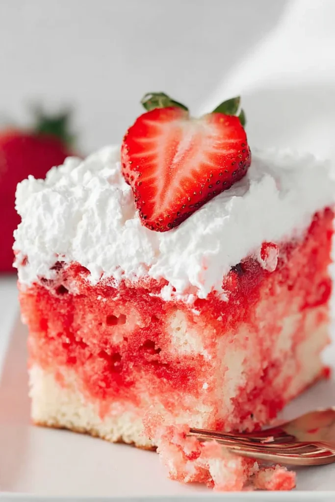 Close-up of a moist strawberry poke cake slice with whipped cream frosting and a fresh strawberry on top against a clean white background.
