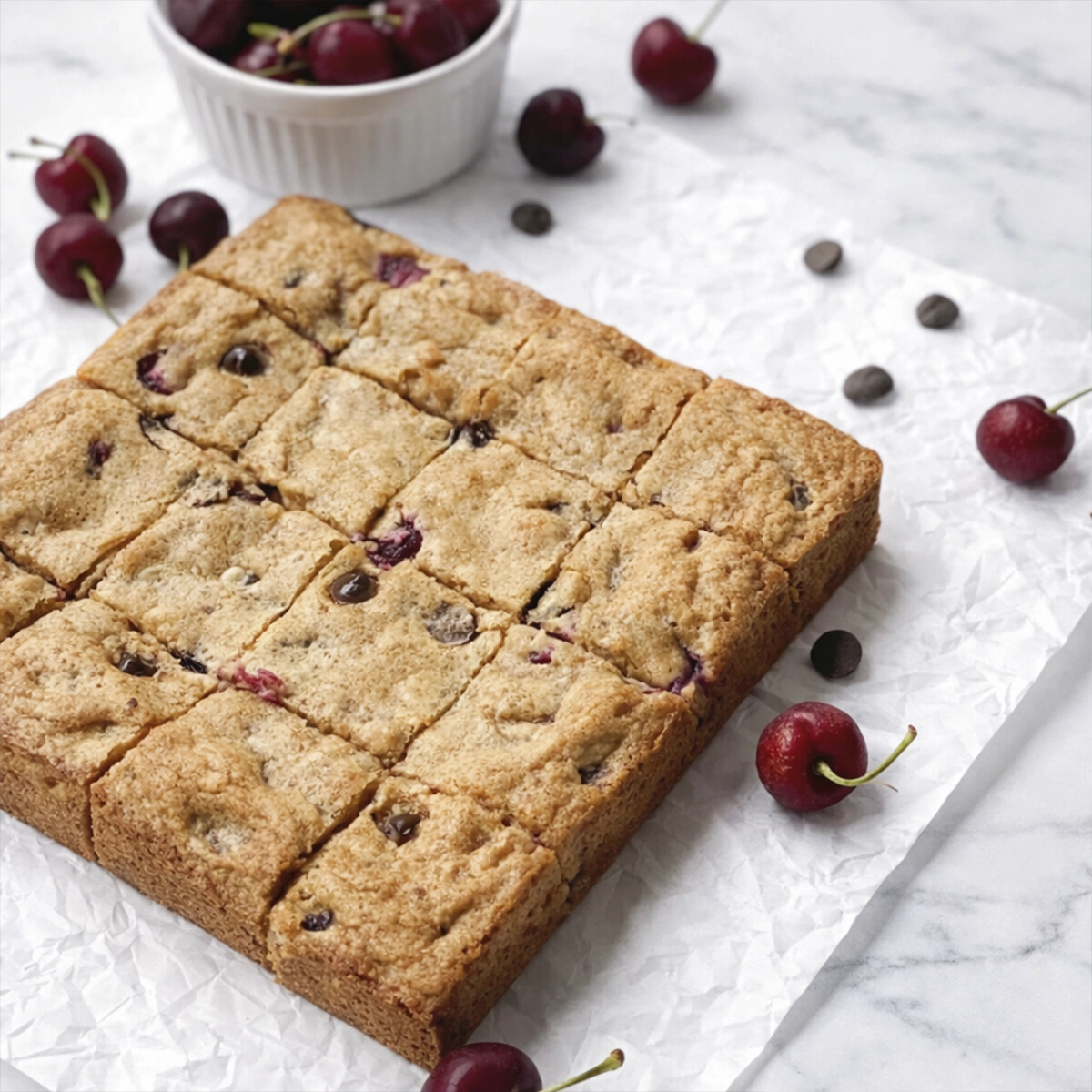 Cherry chocolate chip blondie bars cut into squares on parchment paper with fresh cherries and a white bowl of cherries on a marble background.