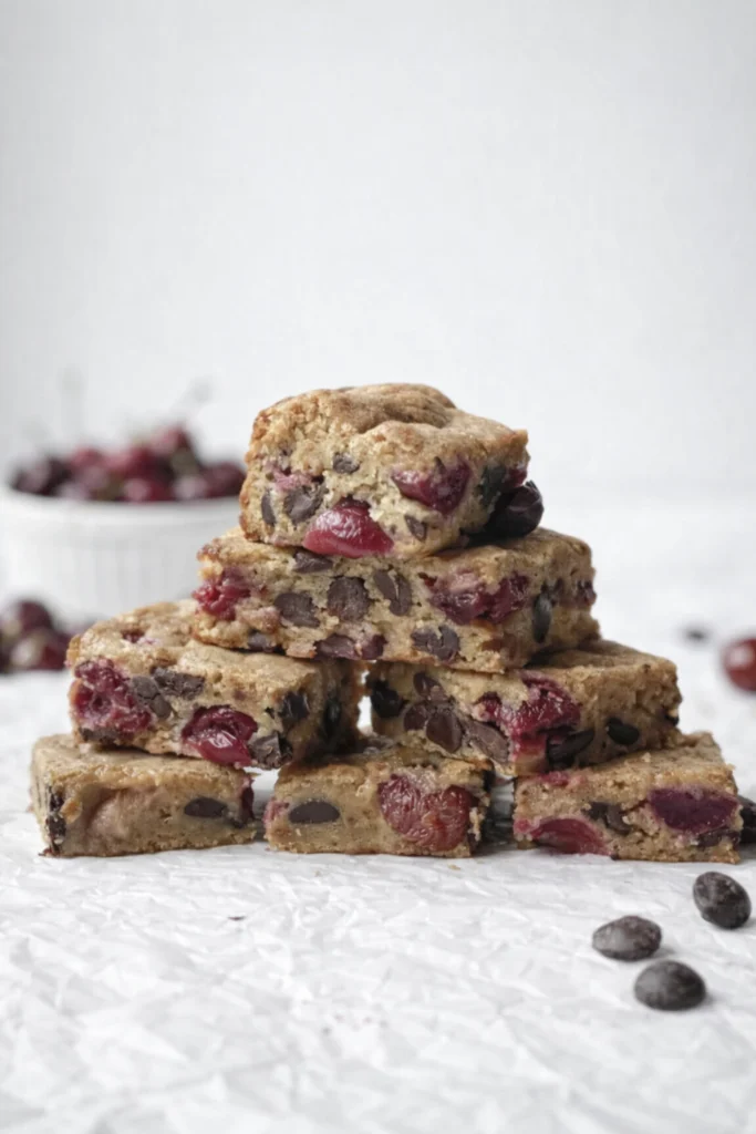 Overhead photo of cherry chocolate chip blondie bars cut into squares on white parchment paper with whole cherries and one bitten blondie piece.