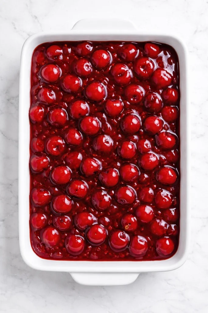 Square slice of creamy no-bake cherry cheesecake with a graham cracker crust and glossy cherry topping dripping over the sides on a white plate.