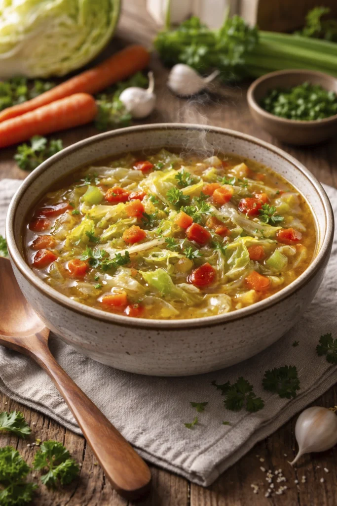 steaming detox cabbage soup with carrots and herbs in a rustic bowl healthy comfort food