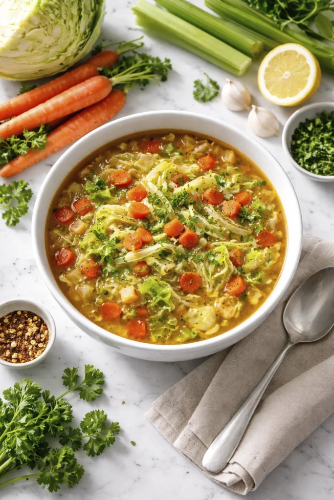 detox cabbage soup with tomatoes carrots and celery in a blue pot healthy vegetable soup