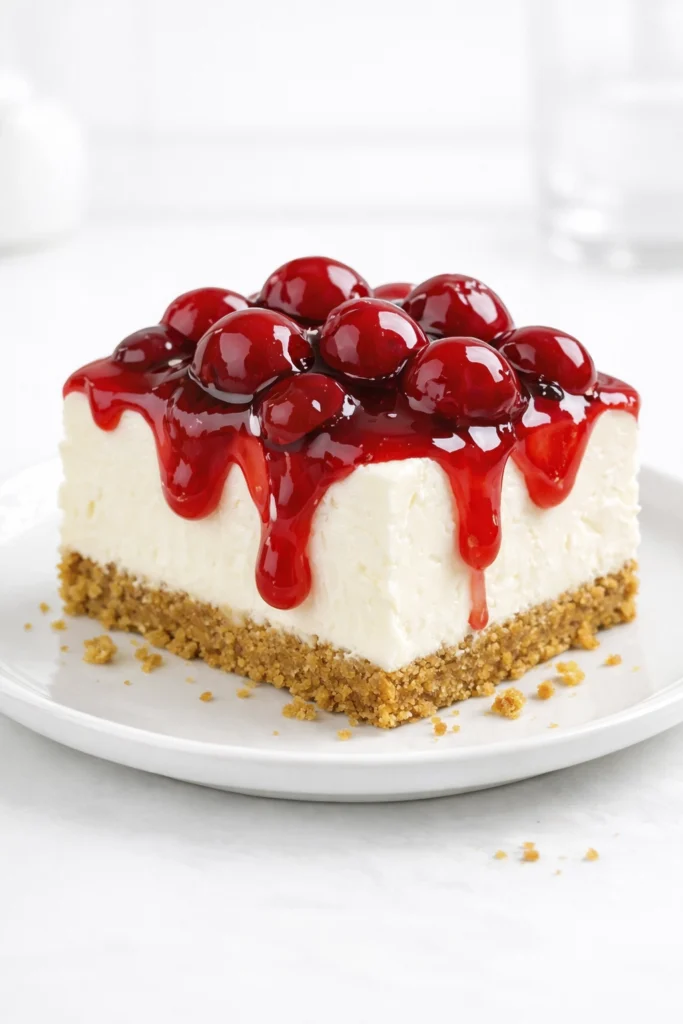 Top-down view of glossy cherry pie filling with whole cherries in a white baking dish on a marble surface.