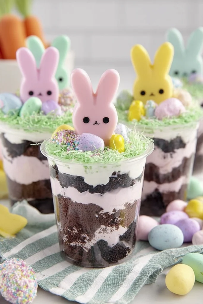 Easter dirt cup dessert topped with pink marshmallow bunny peep, chocolate cookie crumbs, green coconut grass, and pastel candy eggs.