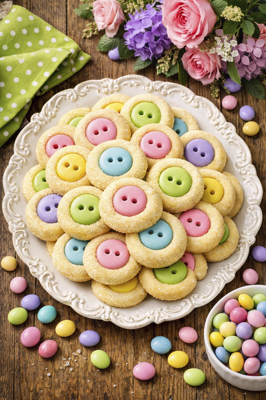 Plate of Easter bunny button cookies with pastel candy centers on a rustic wooden table surrounded by spring flowers and colorful Easter candies.
