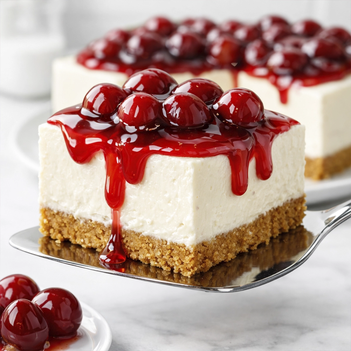 Square slice of cherry cheesecake with graham cracker crust and glossy cherry topping lifted on a cake server above the remaining cheesecake.