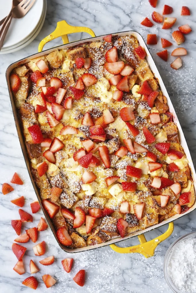 Strawberry French toast casserole in a ceramic baking dish with powdered sugar and fresh strawberries on a marble countertop.