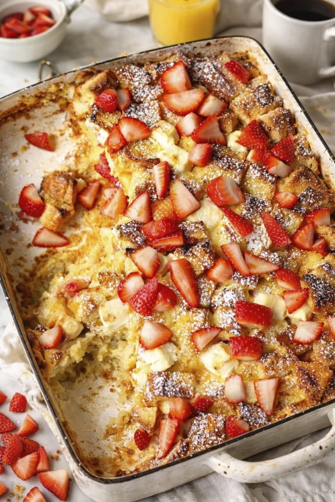 Overhead view of strawberry French toast casserole in a baking dish with yellow handles, topped with powdered sugar and fresh strawberries on a marble surface