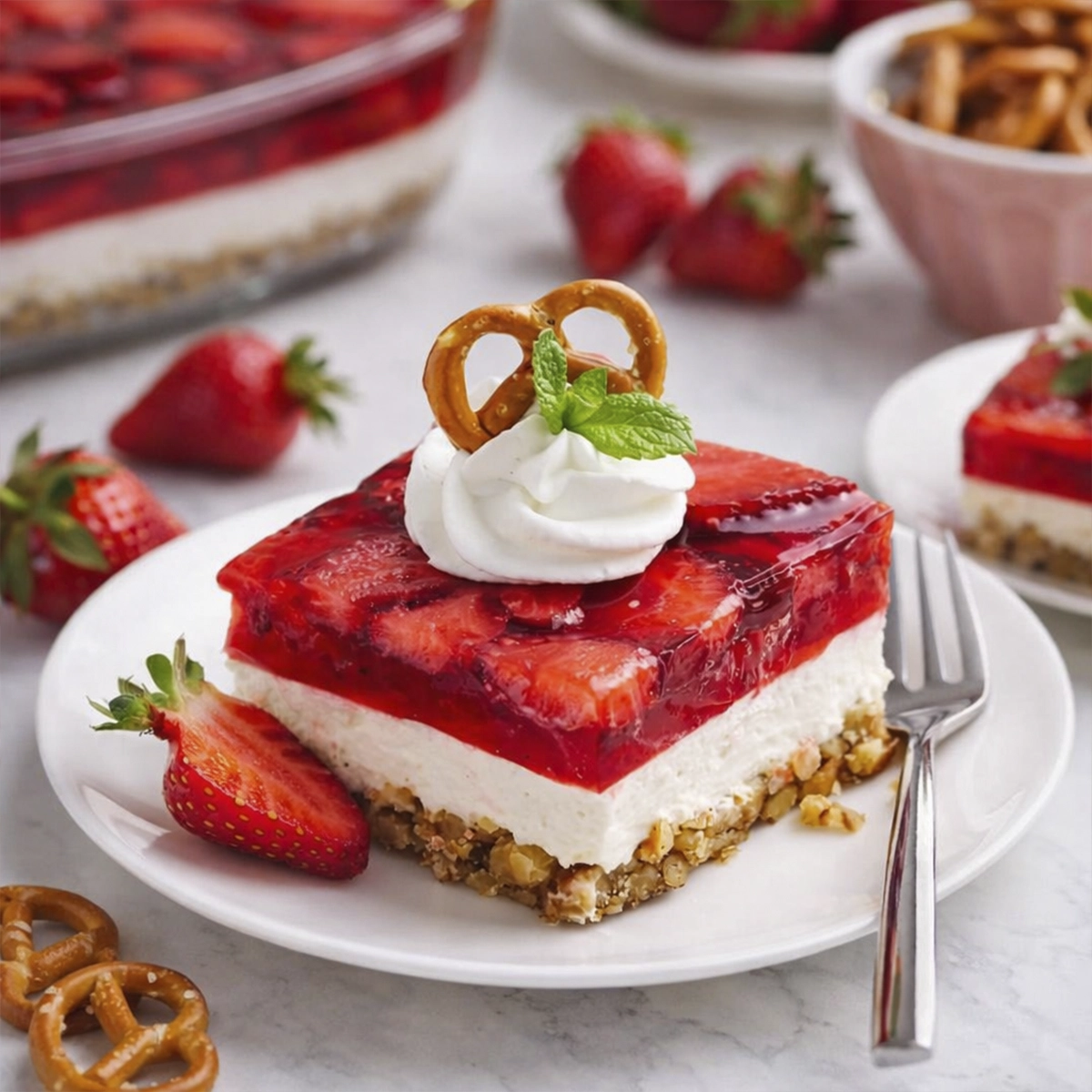 Close-up of strawberry pretzel dessert bar with whipped cream topping, fresh strawberries, and crunchy pretzel crust on a white plate