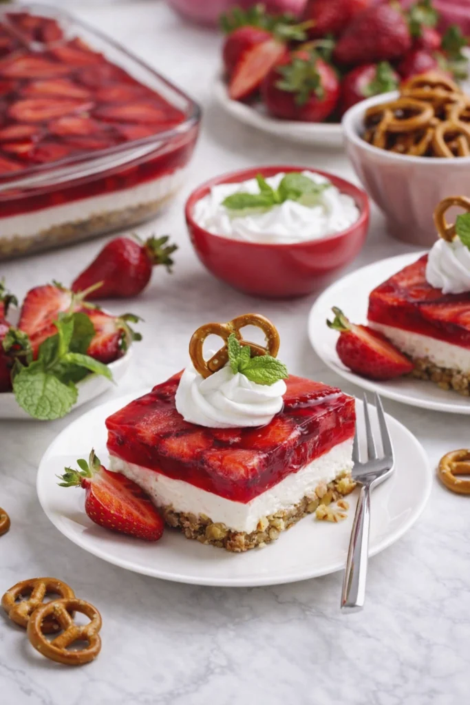 Strawberry cheesecake bar with gelatin topping, whipped cream, mint, and pretzel garnish served on a white plate.