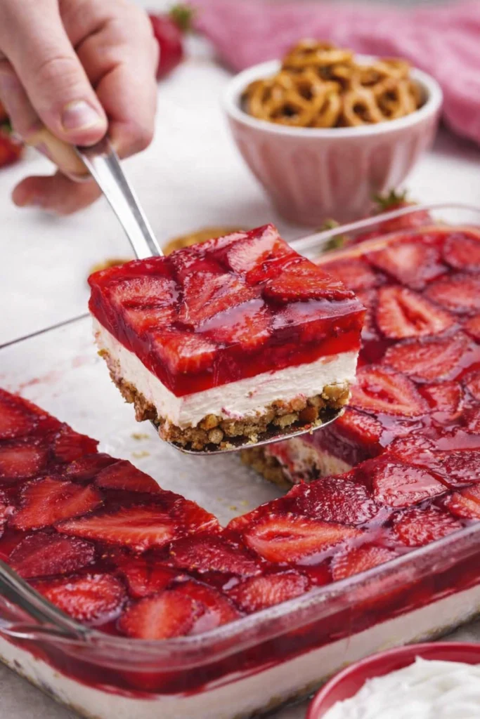 Close-up of a strawberry cheesecake bar with gelatin topping being lifted from a baking dish with a spatula.