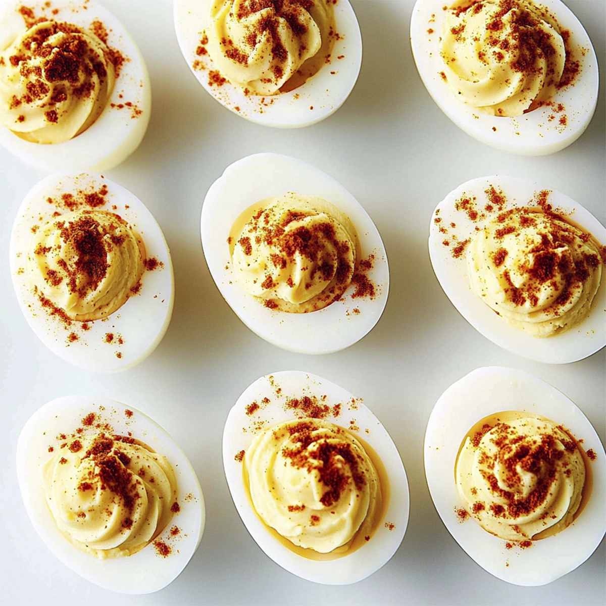 Overhead view of classic deviled eggs topped with paprika arranged on a white background.
