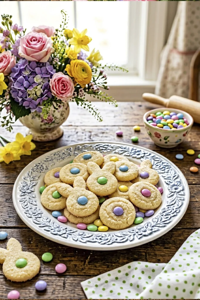 Easter bunny button cookies with pastel candy centers served on a white plate with spring flowers and colorful candies on a rustic wooden table.