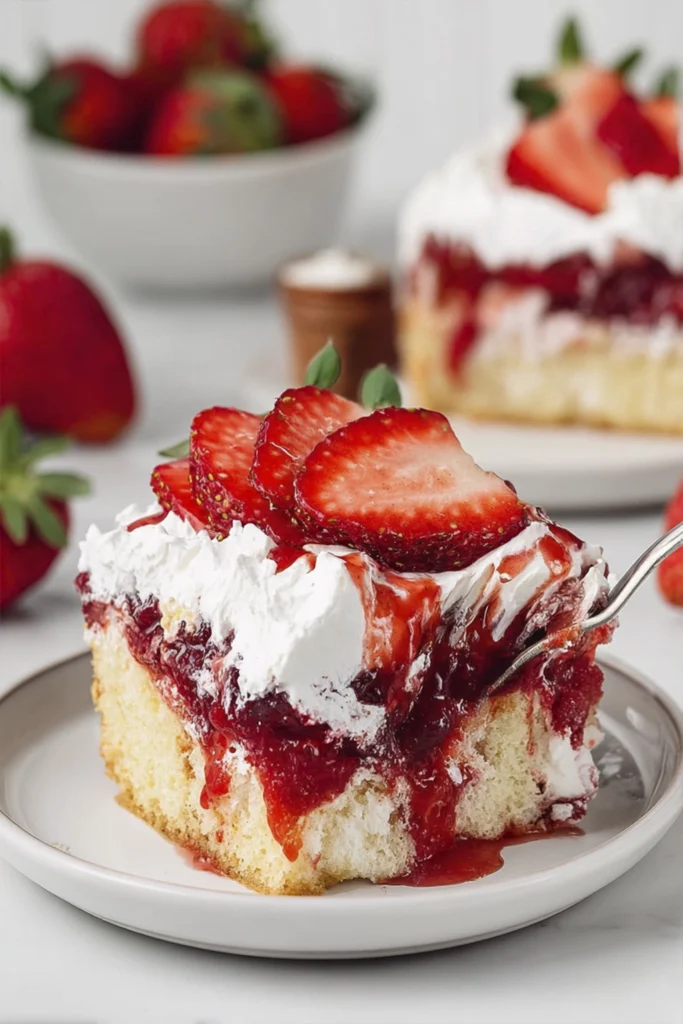Strawberry poke cake topped with whipped cream and fresh strawberry slices with a fork lifting a bite.