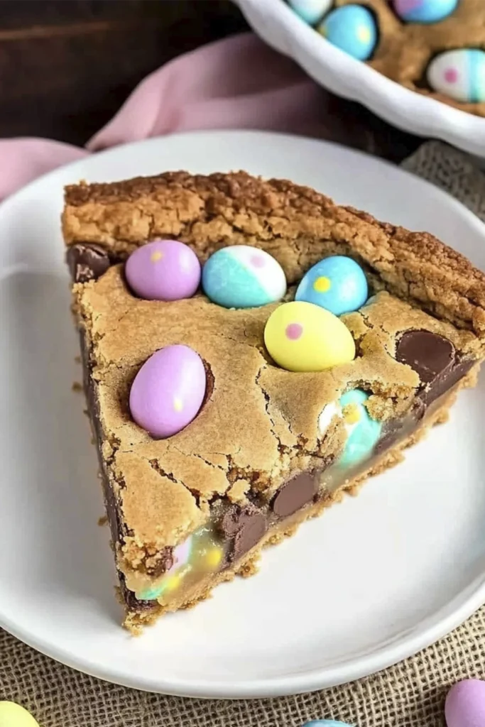 Slice of Easter chocolate chip cookie pie with pastel candy eggs on a white plate.