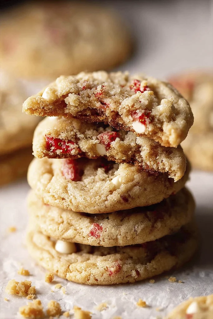 Soft strawberry crumb cookies with fresh strawberry pieces and buttery crumb topping on a marble surface.