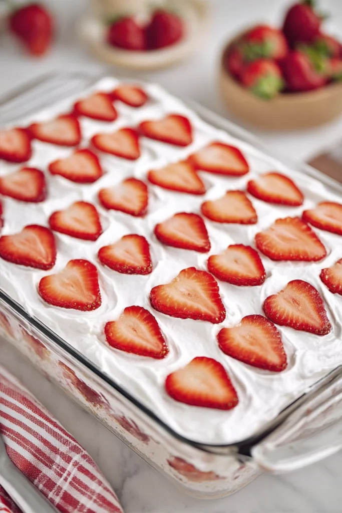 Strawberry poke cake in a glass baking dish topped with whipped cream and fresh sliced strawberries.