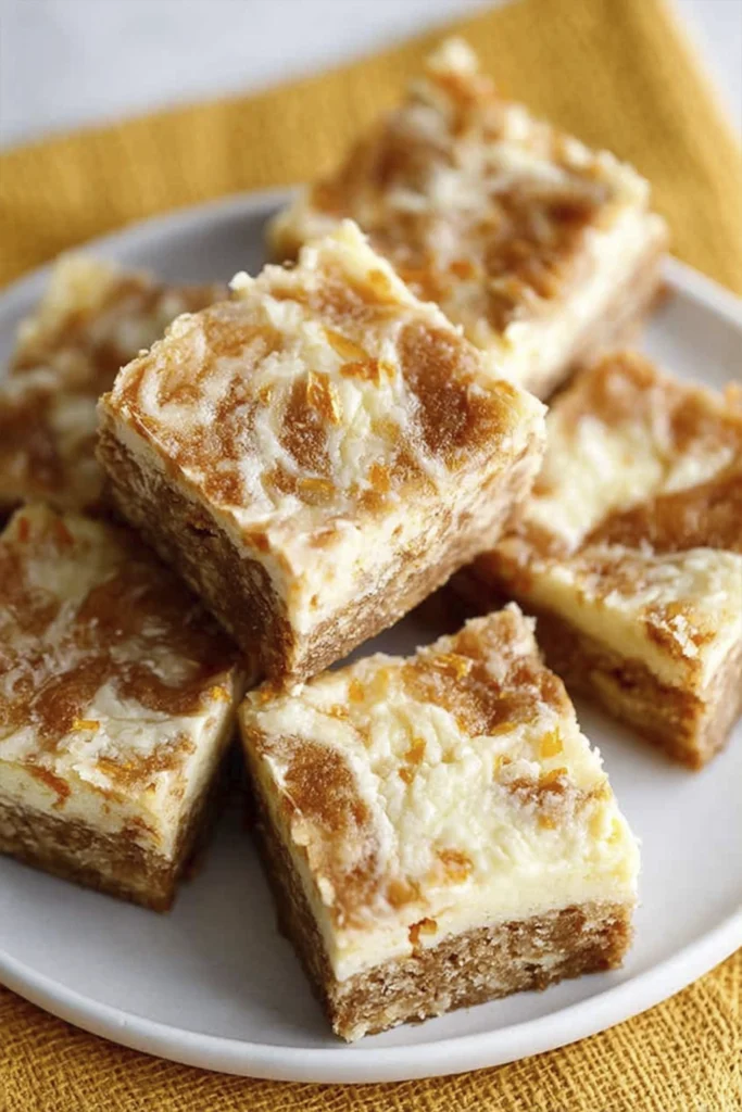 Top view of carrot cake cheesecake bars arranged on a white plate with creamy cheesecake swirl and carrot cake layers.