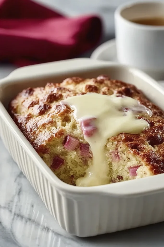 Homemade rhubarb pudding cake with golden crust and warm cream in a white ceramic baking dish on a marble countertop.