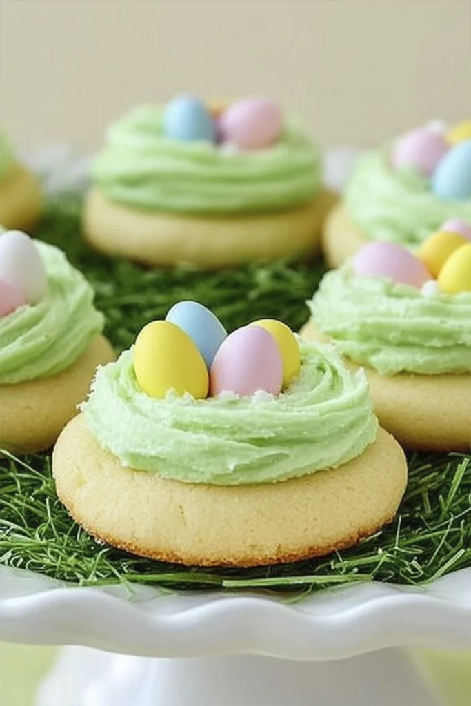 Easter sugar cookies decorated with green buttercream frosting and pastel candy eggs arranged like bird nests on a white cake stand.
