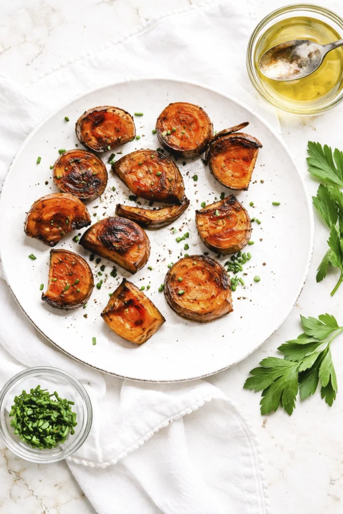 Close-up roasted sweet potato slices with crispy edges and chives on a white plate
