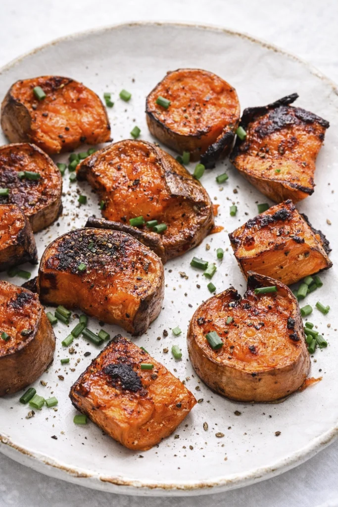 Roasted sweet potato slices with chives on a white plate with herbs and oil on a bright background