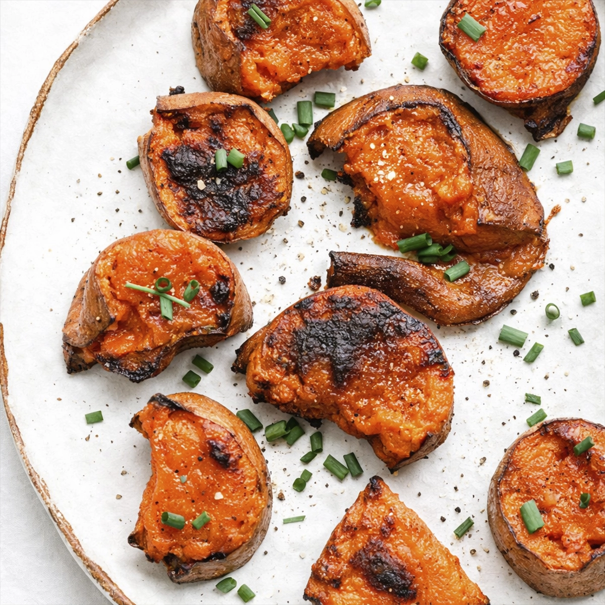 Roasted sweet potato slices with crispy edges, chives, and seasoning on a white plate