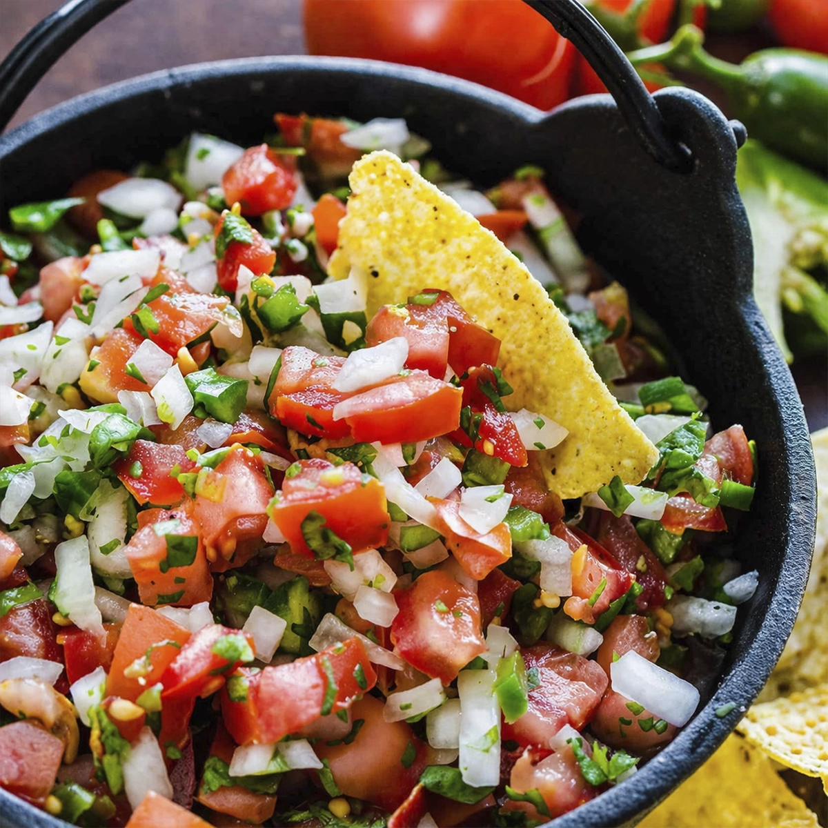 Fresh pico de gallo salsa in a black bowl with diced tomatoes, onions, jalapeños, cilantro, and tortilla chips.