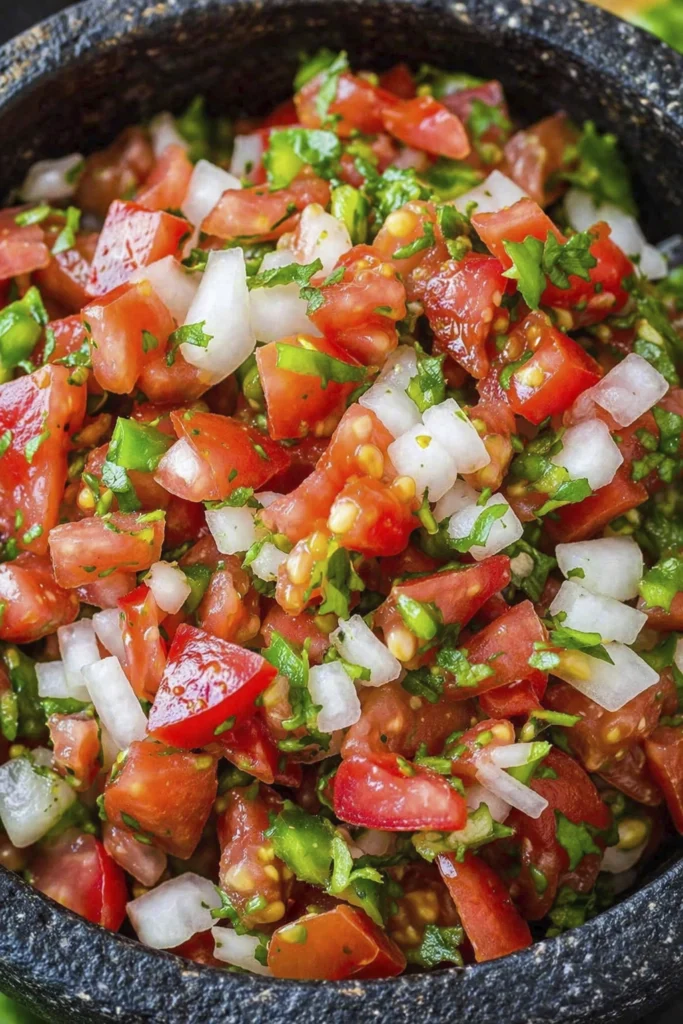 Fresh pico de gallo salsa in a black bowl with tortilla chips, lime, and tomato on a wooden table.