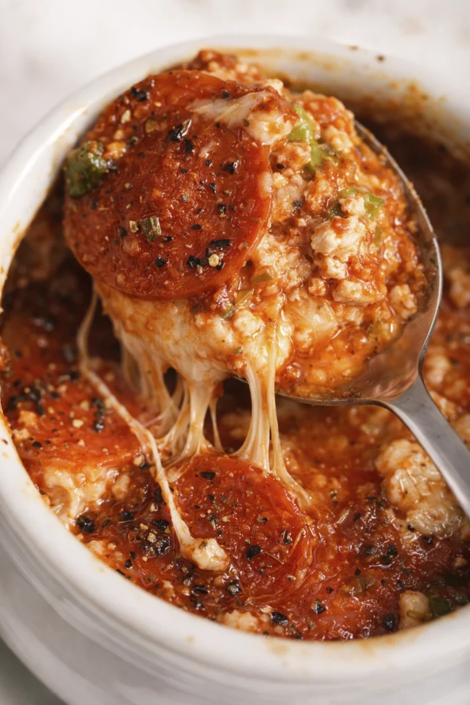 Close-up of spoon lifting cheesy baked pepperoni casserole with tomato sauce and melted cheese from a ramekin.