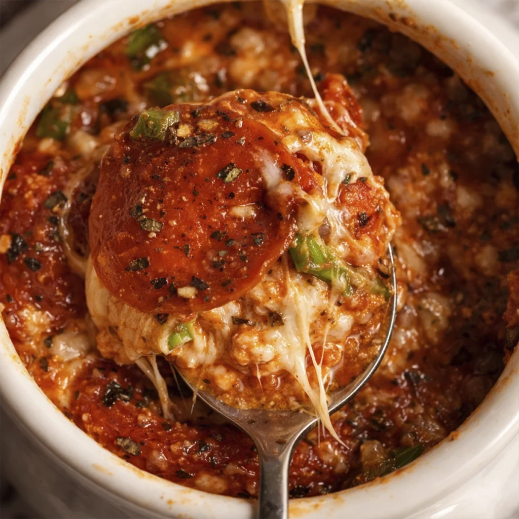 Close-up of a spoon lifting cheesy baked casserole with tomato sauce and herbs from a white ramekin
