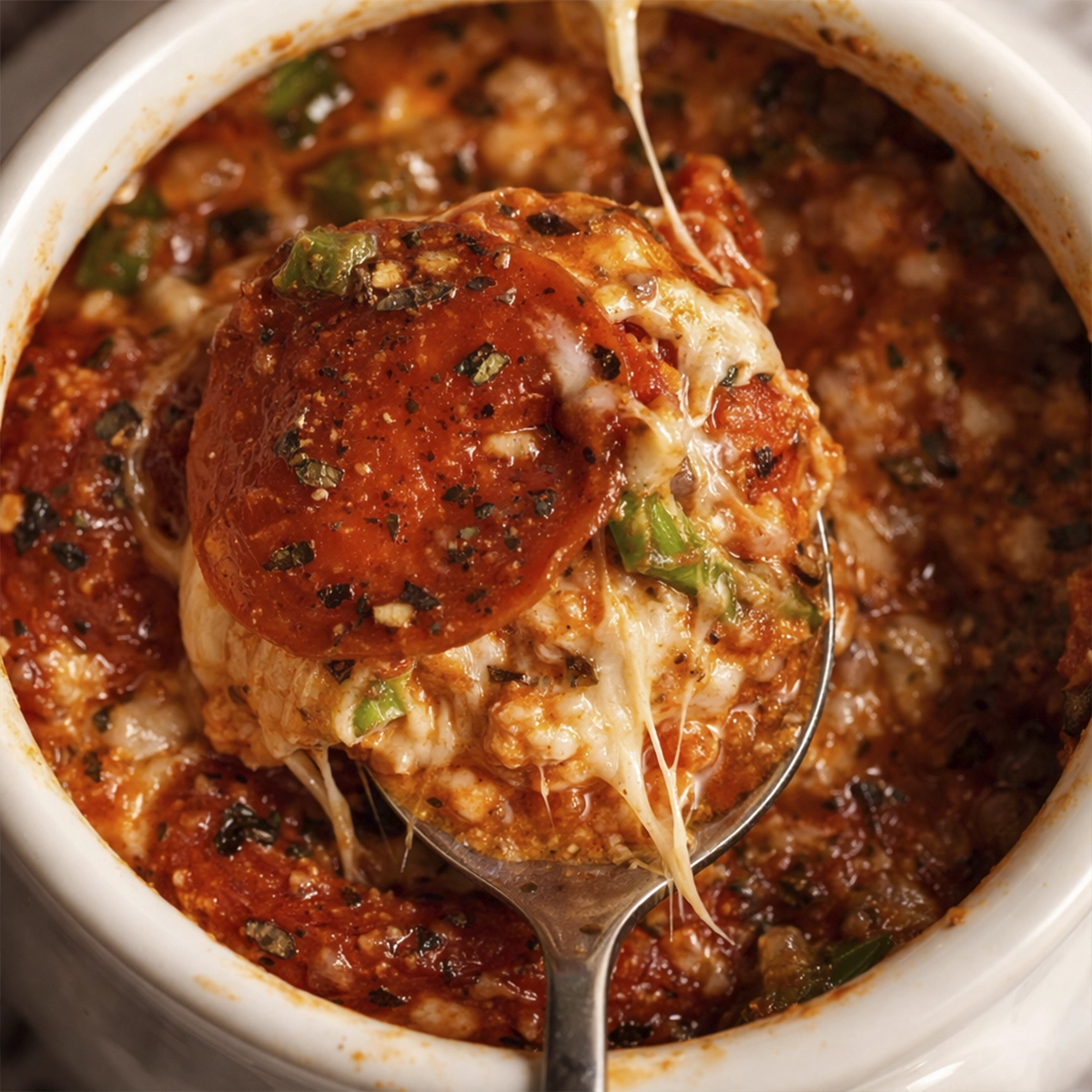 Close-up of a spoon lifting cheesy baked casserole with tomato sauce and herbs from a white ramekin