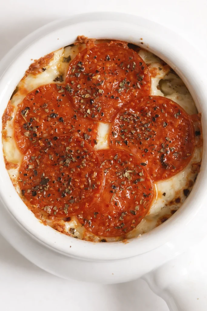 Top view of baked mini pizza with melted cheese, pepperoni, and tomato sauce in a white ramekin.