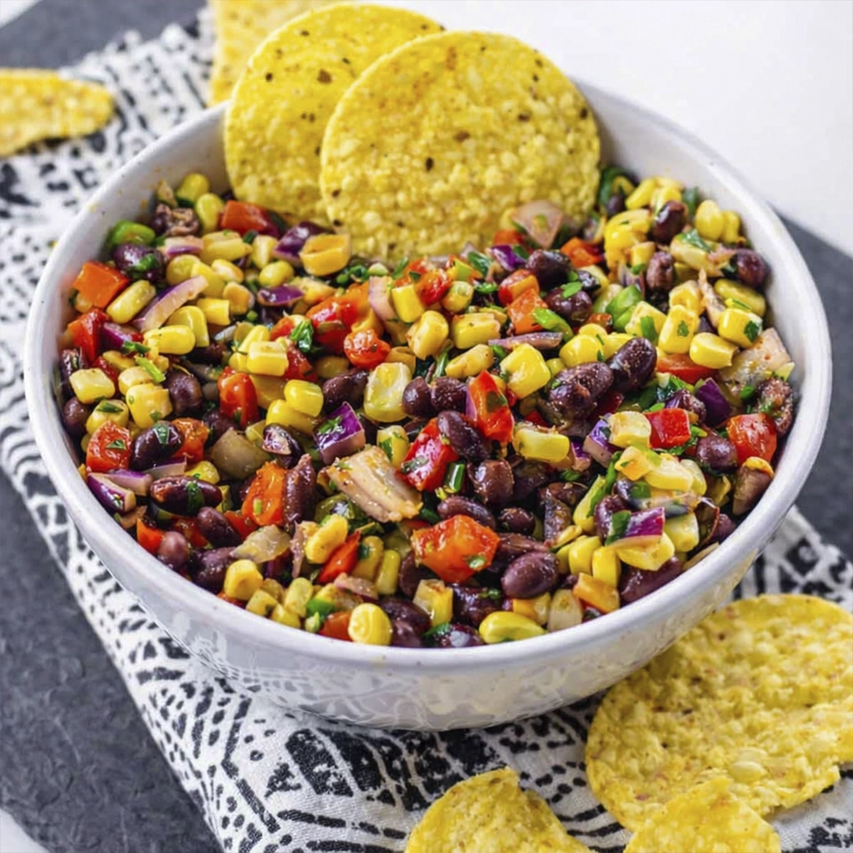 Corn and black bean salad with diced vegetables served in a white bowl with tortilla chips