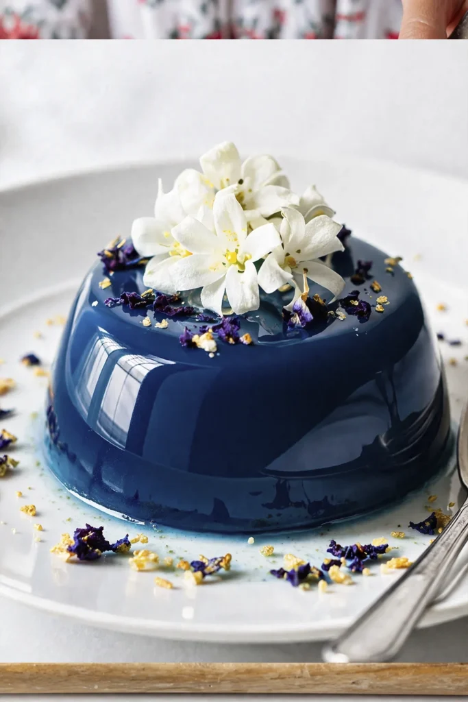 A glossy blue butterfly pea flower panna cotta topped with white jasmine flowers and edible garnish on a white plate.
