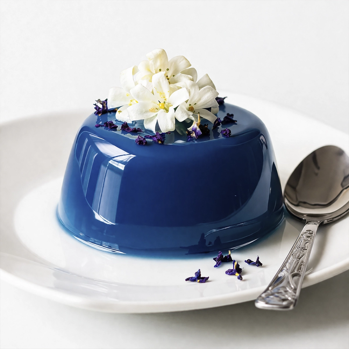 Glossy blue mirror glaze mousse dessert topped with white edible flowers and purple petals on a white plate with a spoon.