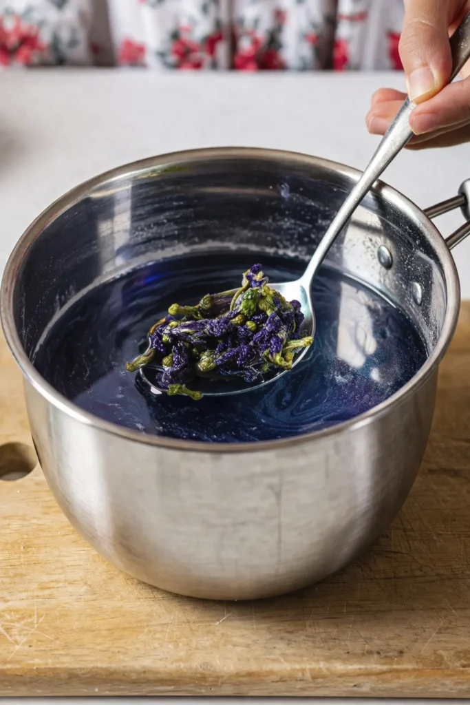 A spoon lifting steeped butterfly pea flowers from a stainless steel saucepan filled with deep blue herbal tea on a wooden cutting board.